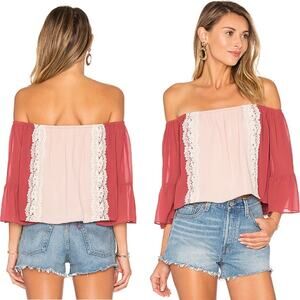 NEW TULAROSA Pink Red Rose White Lace Colorblock Boho Alexa Blouse Top Shirt S